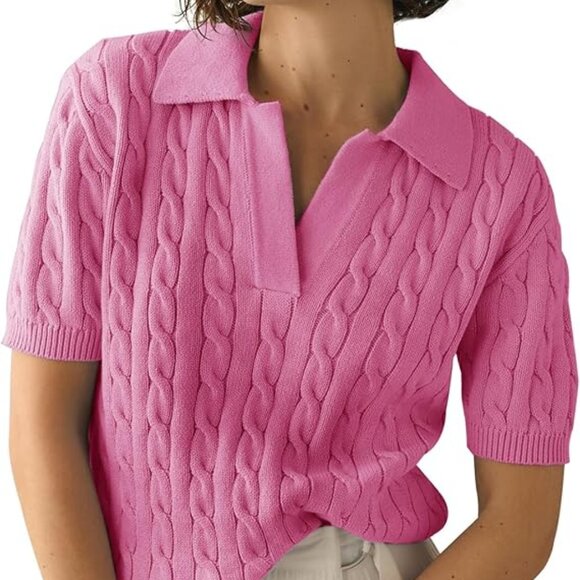 Imily Bela Sweaters - Imily Bela Cable Knit Short‑Sleeve Sweater • V‑Neck Lapel • Soft Casual Pullover